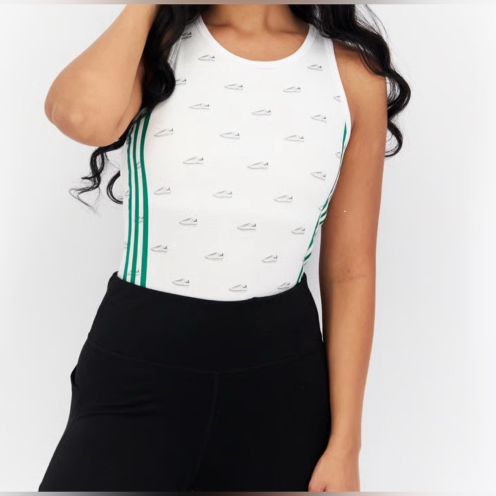 New Woman’s M. adidas White Bodysuit Iconic 3 Green Stripes Logo Accents Design